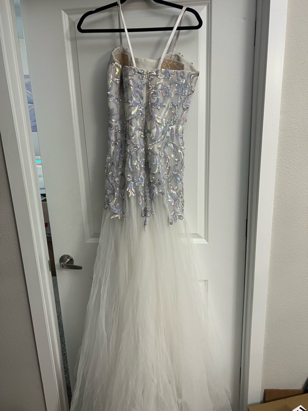 Angela & Alison Silver Sequin Bodice White Tulle Mermaid Gown - Picture 7 of 9